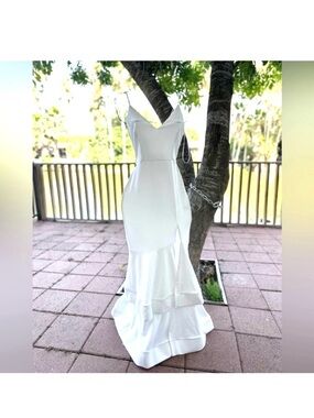 SYMPHONY ~ White Double Adjustable Spaghetti Strap Dress w/side Slit and Ruffles